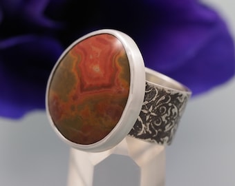 Size 8.5 Prairie Agate Ring - Sterling Silver wide band ring - artisan made statement ring - cocktail ring