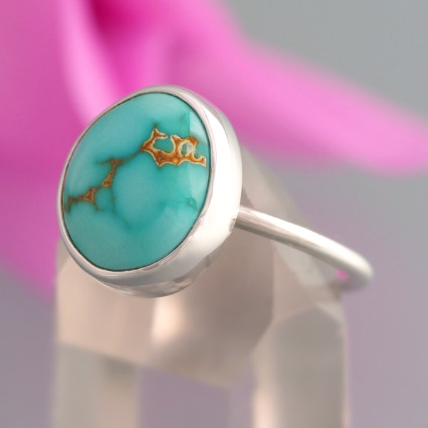 Size 8 - Turquoise Ring - sterling silver turquoise ring - webbed turquoise ring - thunderbird turquoise stacker ring