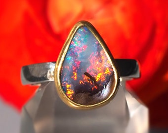 Size 6 Opal Ring - Sterling Silver 22K Gold Australian Boulder Opal ring - Opal promise ring - opal engagement - artisan opal ring