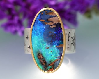 Size 9 - Blue Opal Ring - Sterling Silver 22K Gold Australian Opal Ring - wide band Opal Ring - Sea Turtle Opal Ring Sun shooting star