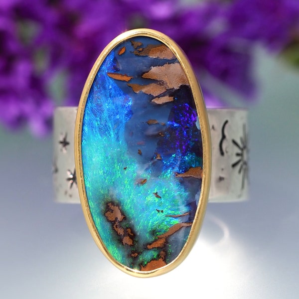 Size 9 - Blue Opal Ring - Sterling Silver 22K Gold Australian Opal Ring - wide band Opal Ring - Sea Turtle Opal Ring Sun shooting star