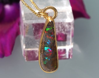 Gold Australian Opal Necklace - 18K 14K Rose 22K Gold Boulder Opal Pendant - Solid Gold Opal necklace - Cosmic Opal Necklace