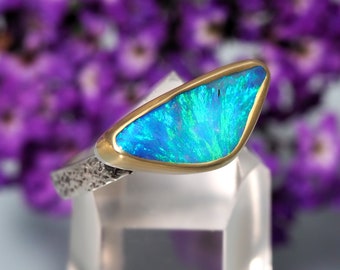 Size 9 Opal Ring - Sterling Silver 22K Gold Australian Boulder Opal ring - east west setting - opal engagement - artisan opal ring