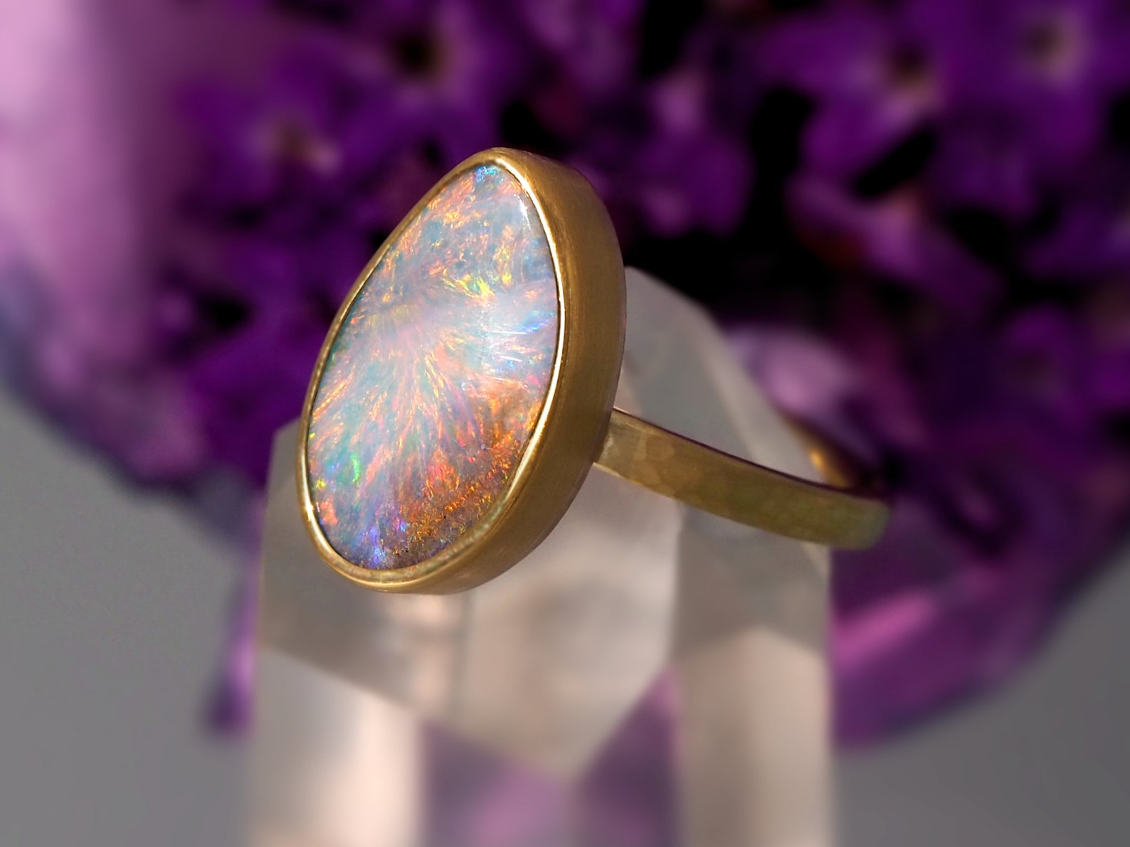 we took our beloved hand hammered band and made it... Australian Boulder Opal Gold Ring – Size 6, Hand Hammered Band - Etsy