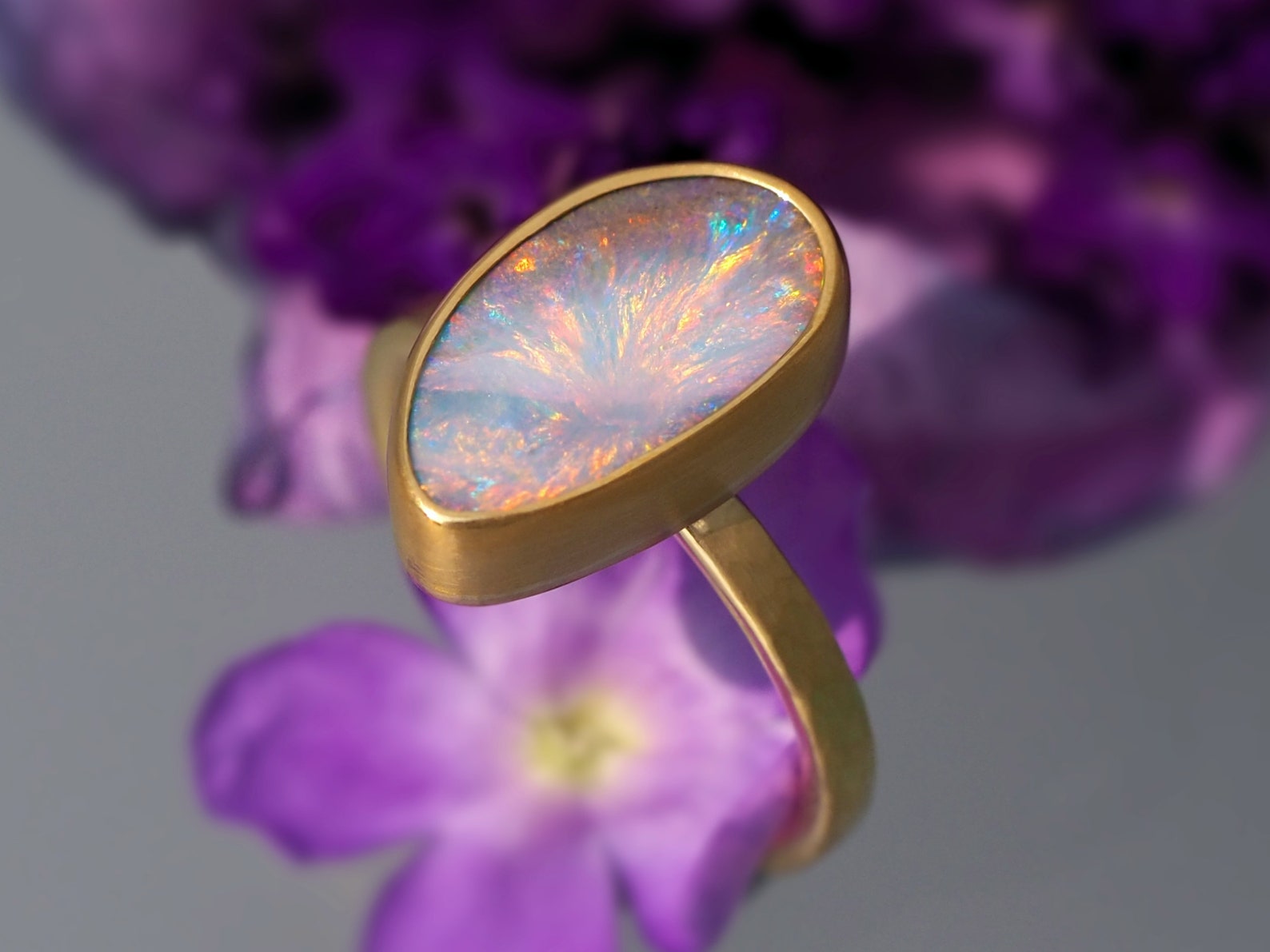 we took our beloved hand hammered band and made it... Australian Boulder Opal Gold Ring – Size 6, Hand Hammered Band - Etsy