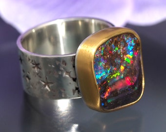Size 9 - Opal Ring - Sterling Silver 22k Gold Australian Opal Ring - wide band Opal Ring - Shooting Stars opal ring