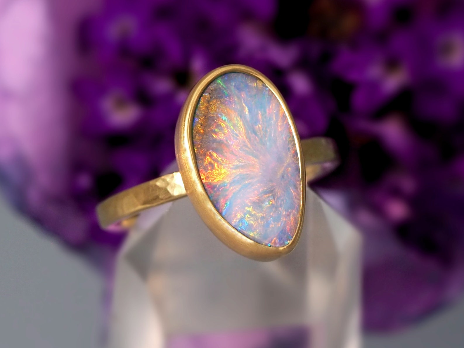 we took our beloved hand hammered band and made it... Australian Boulder Opal Gold Ring – Size 6, Hand Hammered Band - Etsy