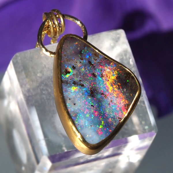 Gold Australian Opal Necklace - 18K 14K Rose 22K Gold Boulder Opal Pendant - Solid Gold Opal necklace - Cosmic Opal Necklace