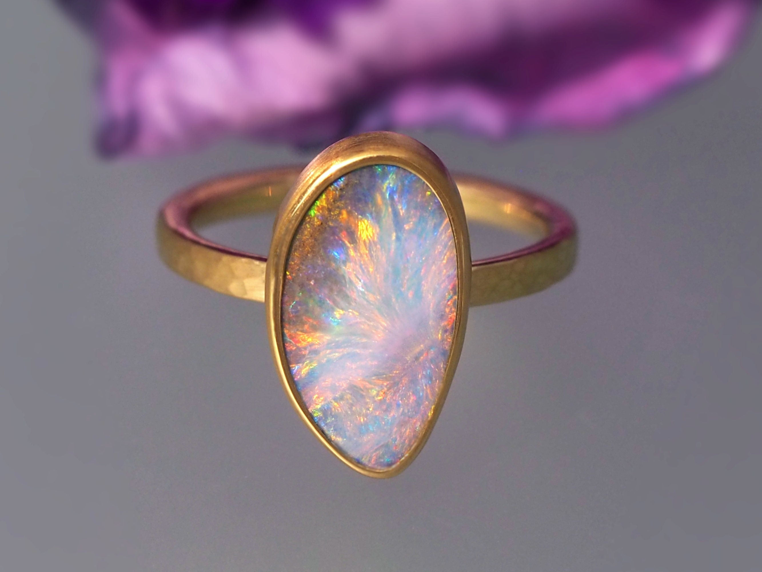 we took our beloved hand hammered band and made it... Australian Boulder Opal Gold Ring – Size 6, Hand Hammered Band - Etsy