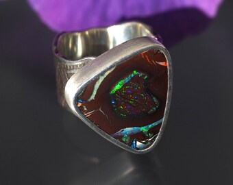 Size 6.5 - Opal Ring - Sterling Silver Gold Australian Opal Ring - wide band Opal Ring - Koroit Boulder opal ring - US Size 6 1/2