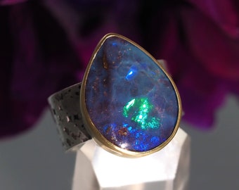 Size 9 - Opal Ring - Sterling Silver 22k Gold Australian Opal Ring - wide band Opal Ring - Shooting Stars opal ring