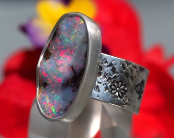 Size 7 Opal Ring - Sterling Silver Australian Opal ring - wide band ring - artisan opal ring - butterflies flowers bees sun