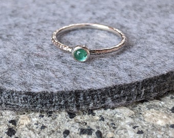 Sterling Silver Hammered Emerald Stacking Ring: Recycled Solid Silver with Cloudy Emerald Handmade by Lily McCallin.