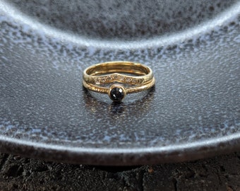 Hammered Black Sapphire and Diamond Wishbone Ring Set