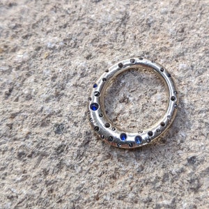 Handmade Recycled Silver Crystal Ring - Dark blue Sapphire and Black Cubic Zircona