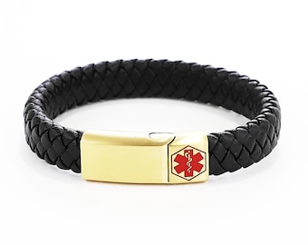 Medical Alert Leather Bracelet | Free Custom Personalized Engraving Jewelry Emergency Contact SOS Medic ID Name Waterproof Unisex