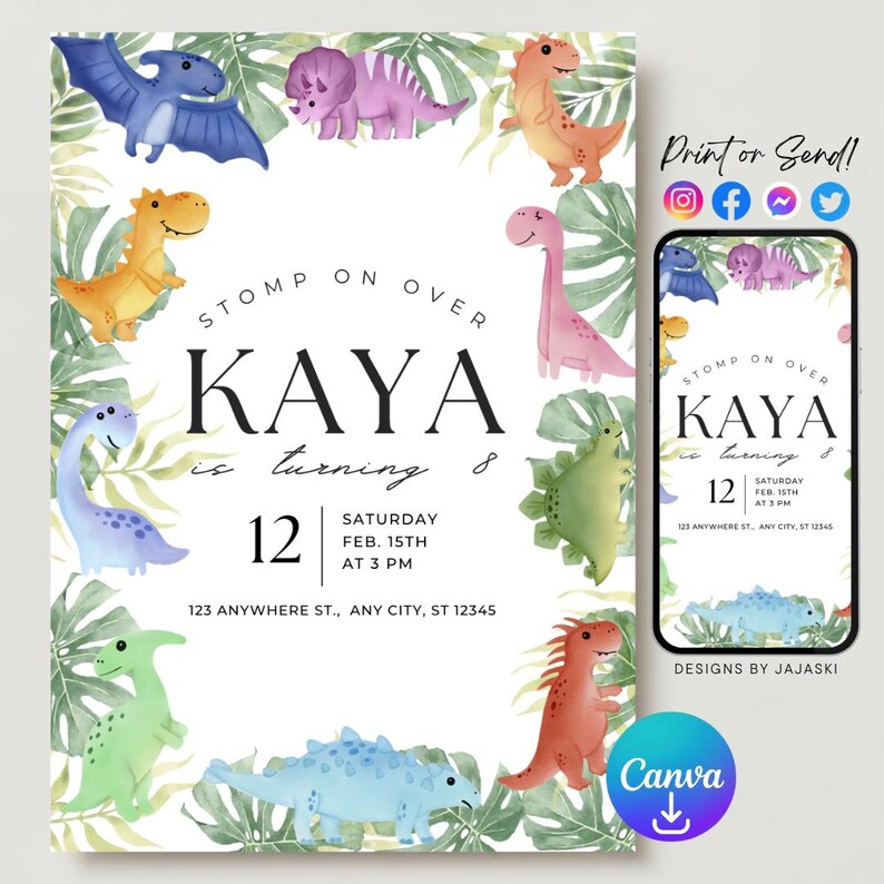 Dinosaur Editable Birthday Invitation Template Printable Birthday Party