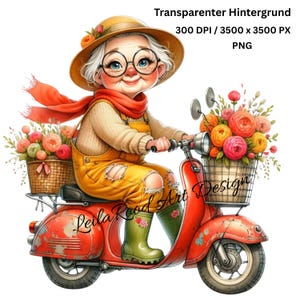Niedliche lustige Oma fährt Moped, 15 Digital Vorlagen für Scrapbooking Kartenherstellung Junk Journal Aquarell Clipart Papierkunst kreativ