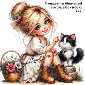 Schattig meisje met kat clipart, 21 digitale kunst voor junk journal, papierknutselen, scrapbooking, zonlicht, kaarten maken