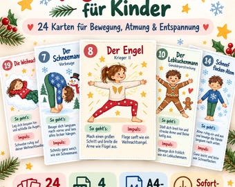 Puede incluir: Un conjunto de 24 tarjetas de yoga navideñas para niños con ilustraciones de varias posturas como el ángel, el muñeco de nieve y el hombre de jengibre. Las tarjetas incluyen instrucciones y texto en alemán, en formato de descarga digital A4.