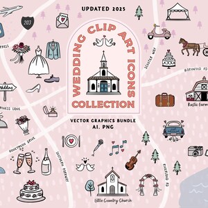 May include: A collection of hand-drawn wedding clip art icons on a pink map background. Includes illustrations of a church, wedding dress, rings, cake, car, and other wedding-related elements. Text reads "Wedding Clip Art Icons Collection".