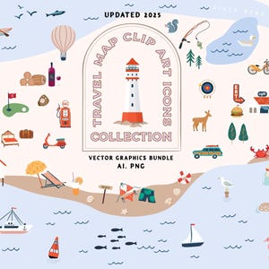 Könnte beinhalten: Eine Sammlung von Clip-Art-Symbolen zum Thema Reisen, darunter ein Leuchtturm, ein Heißluftballon und verschiedene Fahrzeuge. Das Design zeigt eine Strandszene mit ozeanischen Elementen und verschiedenen Illustrationen zum Thema Reisen. Der Text "TRAVEL MAP CLIP ART ICONS COLLECTION" wird angezeigt.