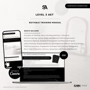 Puede incluir: Un manual de formación digital para el nivel 3 AET, que se muestra en un portátil y un smartphone. El manual incluye temas como principios de enseñanza y métodos de evaluación. El precio es de 50 £. El manual es editable en Canva.