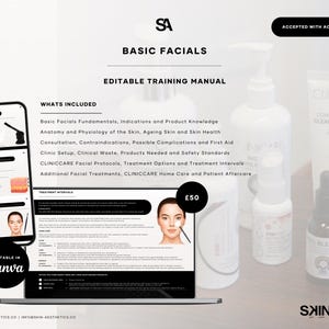 May include: A promotional image for a basic facials training manual. The image includes a laptop displaying the manual's content, skincare products, and the text "BASIC FACIALS" and "EDITABLE TRAINING MANUAL". The image also includes the text "EDITABLE IN CANVA".