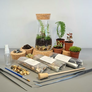 May include: A terrarium kit featuring a glass bottle with a cork lid, and assorted plants. The kit includes small pots with plants, soil, pebbles, and tools such as tweezers and a brush. A spray bottle is also included. The terrarium is filled with soil, pebbles, and plants.
