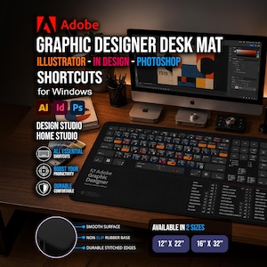 Adobe Graphic Designer Shortcuts Desk Mat (Windows Edition)  - Photoshop Desk Mat Illustrator DeskPad - InDesign Desk Mat - Designer Gift