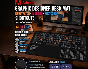 Adobe Graphic Designer Shortcuts Desk Mat (Windows Edition)  - Photoshop Desk Mat Illustrator DeskPad - InDesign Desk Mat - Designer Gift