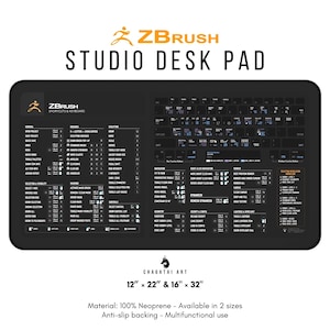Op de afbeelding: Een zwarte bureauonderlegger met een wit ZBrush-logo en een gedetailleerde toetsenbordindeling voor de ZBrush-software. De onderlegger is gemaakt van neopreen en is verkrijgbaar in twee maten: 30,5 cm x 55,9 cm en 40,6 cm x 81,3 cm.