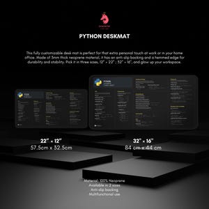 Może przedstawiać: Czarna mata biurkowa z nadrukowaną ściągą do Pythona. Mata dostępna jest w dw&oacute;ch rozmiarach: 22 cale na 12 cali i 32 cale na 16 cali. Wykonana jest w 100% z neoprenu i ma antypoślizgową podszewkę.