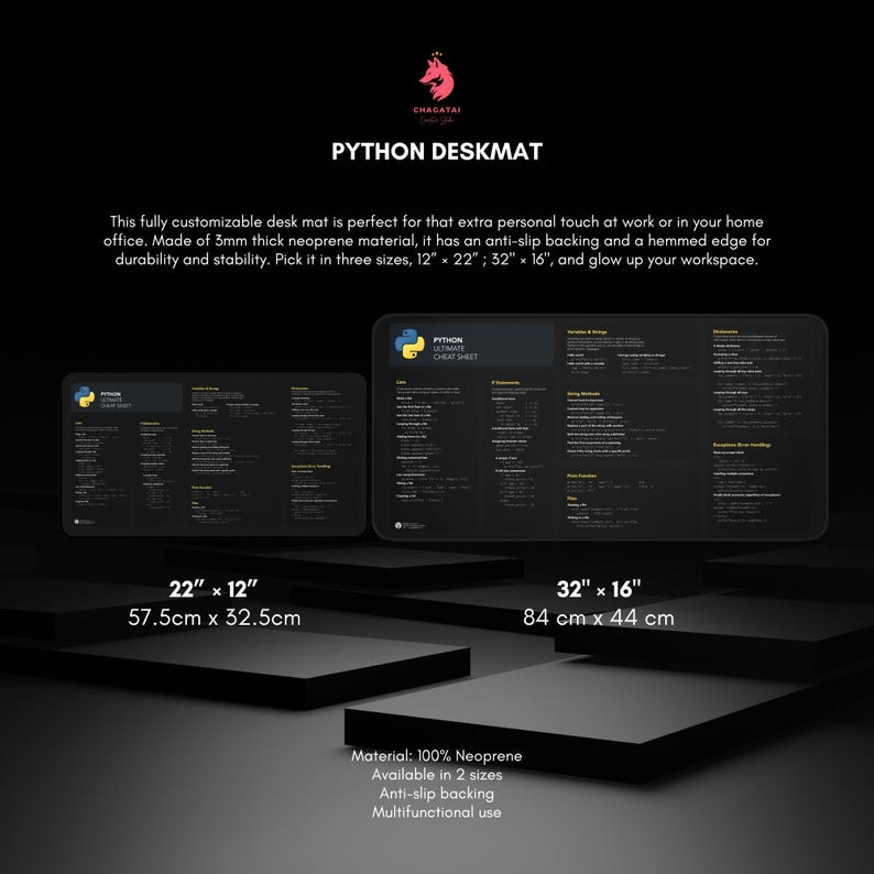 Może przedstawiać: Czarna mata biurkowa z nadrukowaną ściągą do Pythona. Mata dostępna jest w dw&oacute;ch rozmiarach: 22 cale na 12 cali i 32 cale na 16 cali. Wykonana jest w 100% z neoprenu i ma antypoślizgową podszewkę.