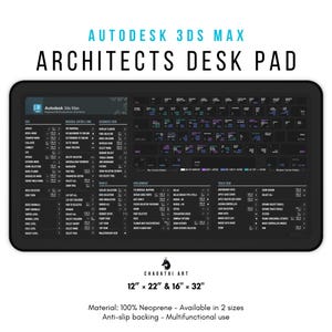 Könnte beinhalten: Schwarze Schreibtischunterlage mit weißem Rand und dem Text "Autodesk 3ds Max Architects Desk Pad". Die Unterlage verfügt über ein Tastaturlayout mit Tastenkombinationen für die Autodesk 3ds Max Software. Die Unterlage ist in zwei Größen erhältlich: 30,5 cm x 55,9 cm und 40,6 cm x 81,3 cm.