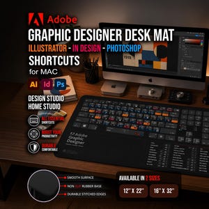 Adobe Graphic Designer Shortcuts Desk Mat (Mac Edititon) - Photoshop Mac Mat Illustrator Mac Pad - InDesign Mac Deskmat Graphic Designer Pad