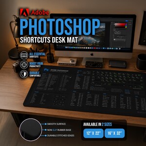 Tappetino per mouse da scrivania con scorciatoie di Adobe Photoshop per designer - Scorciatoie PS per Windows e MacOS - Tappetino per scrivania da studio di design, guida a Photoshop, tappetino per mouse di design