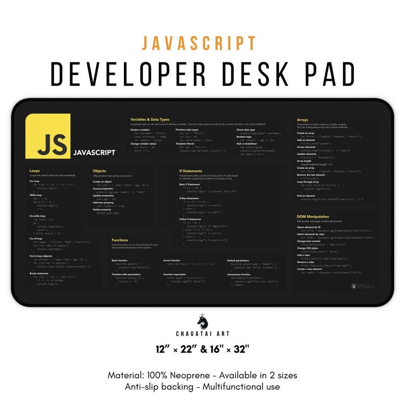 A high-quality JavaScript desk mat featuring a detailed cheat sheet with essential JS functions, methods, and syntax. Ideal for web developers, coders, and programming students.