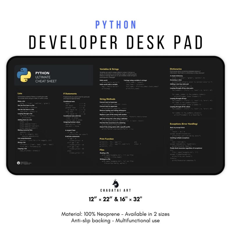 Może przedstawiać: Czarna podkładka na biurko dla programist&oacute;w z ż&oacute;łtym logo Pythona i ściągą do programowania w Pythonie. Podkładka ma wymiary 30,5 cm x 55,9 cm lub 40,6 cm x 81,3 cm i jest wykonana ze 100% neoprenu z antypoślizgową warstwą.