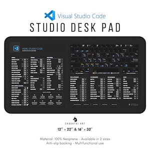 Pode incluir: Tapete de mesa preto com um logotipo branco do Visual Studio Code e atalhos de teclado impressos nele. O tapete está disponível em dois tamanhos: 30,5 cm x 55,9 cm e 40,6 cm x 81,3 cm. É feito de 100% neopreno e tem um suporte antiderrapante.