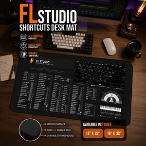 Tapis de bureau FL Studio Shortcuts - Tapis de souris FL Studio pour studios de mixage audio - Décoration pour studio d'enregistrement - Cadeau idéal pour les ingénieurs du son