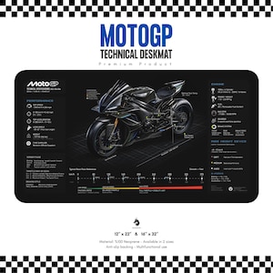 May include: Black deskmat featuring a detailed illustration of a black motorcycle with technical specifications. The deskmat includes the text "MotoGP Technical Deskmat" and is available in two sizes: 12" x 22" and 16" x 32".
