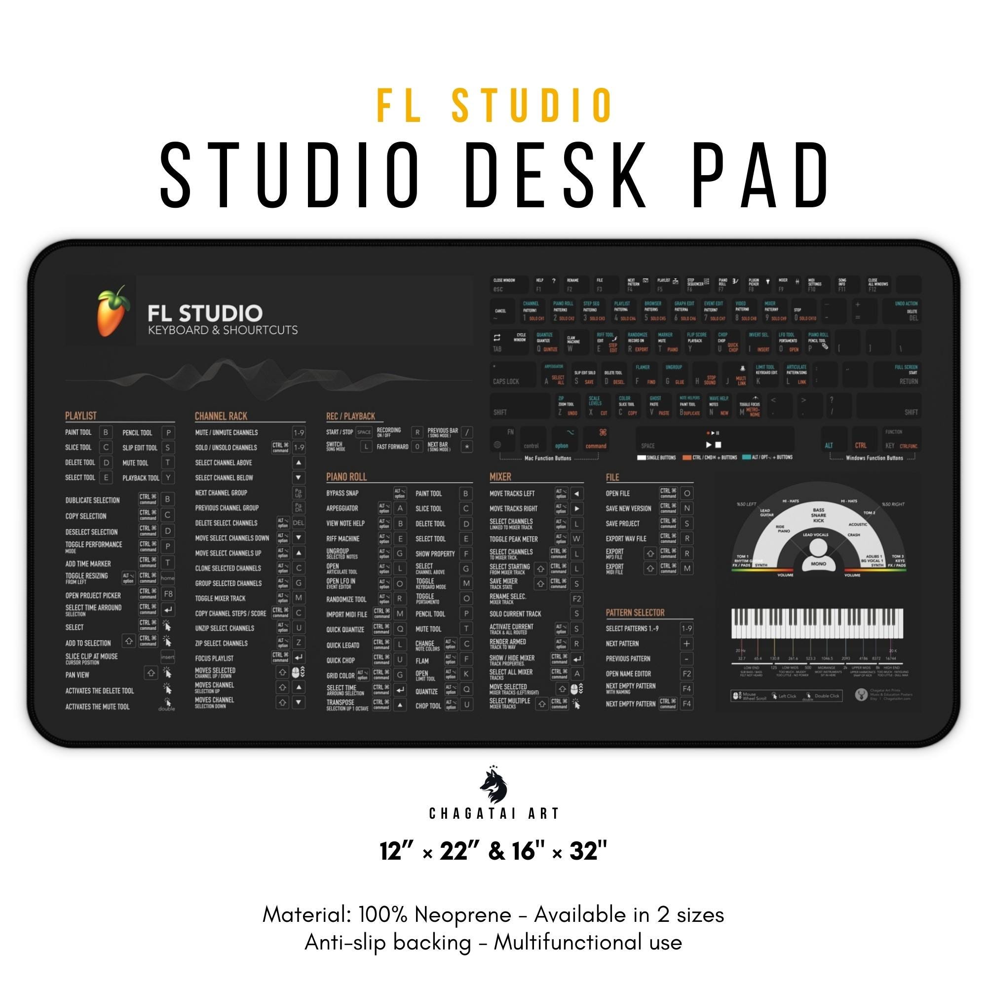 FL Studio Shortcuts Desk Mat - FL Studio Mouse Pad for Studios Audio Mixing FL Studio DeskPad Recording Studio Decor Sound Engineers Gift