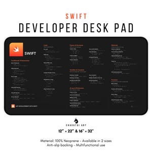 May include: A black desk pad featuring a white Swift logo and code snippets for the Swift programming language. The desk pad is made from neoprene and comes in two sizes: 12" x 22" and 16" x 32".