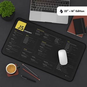 High-resolution JavaScript commands printed on a large mouse pad—an essential coding accessory for every web developer. Perfect for both professional and home office setups.
