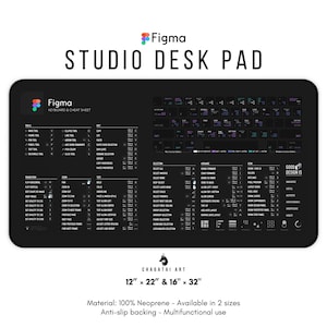 May include: Black desk pad with a white Figma logo and keyboard shortcuts printed on it. The pad is made of neoprene and is available in two sizes: 12 inches by 22 inches and 16 inches by 32 inches. It has an anti-slip backing and is multifunctional.