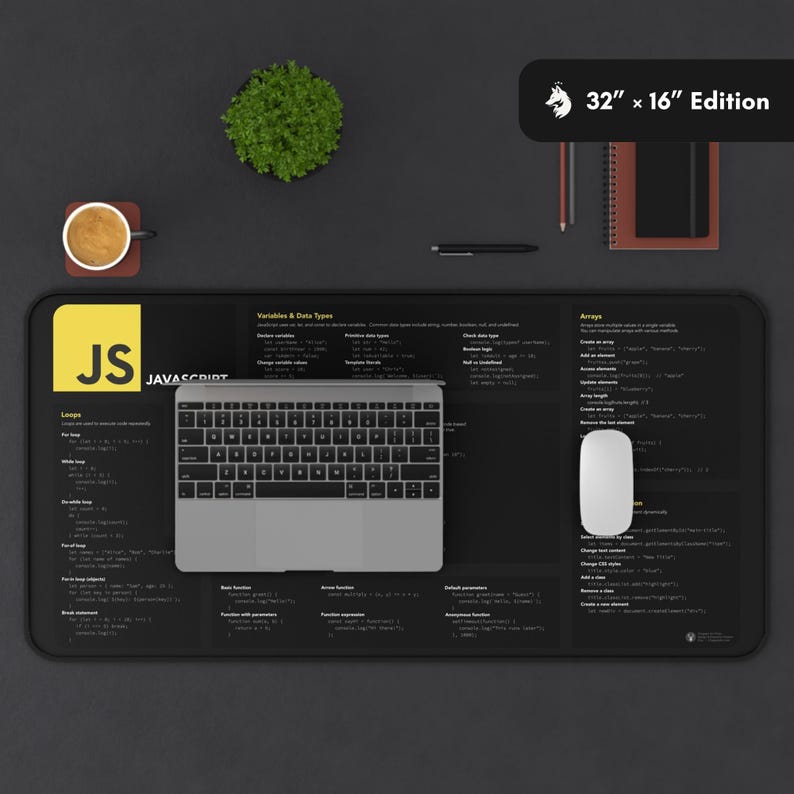 Whether you’re learning JavaScript or a pro developer, this JavaScript cheat sheet desk mat makes coding more efficient. A perfect gift for programmers and students.