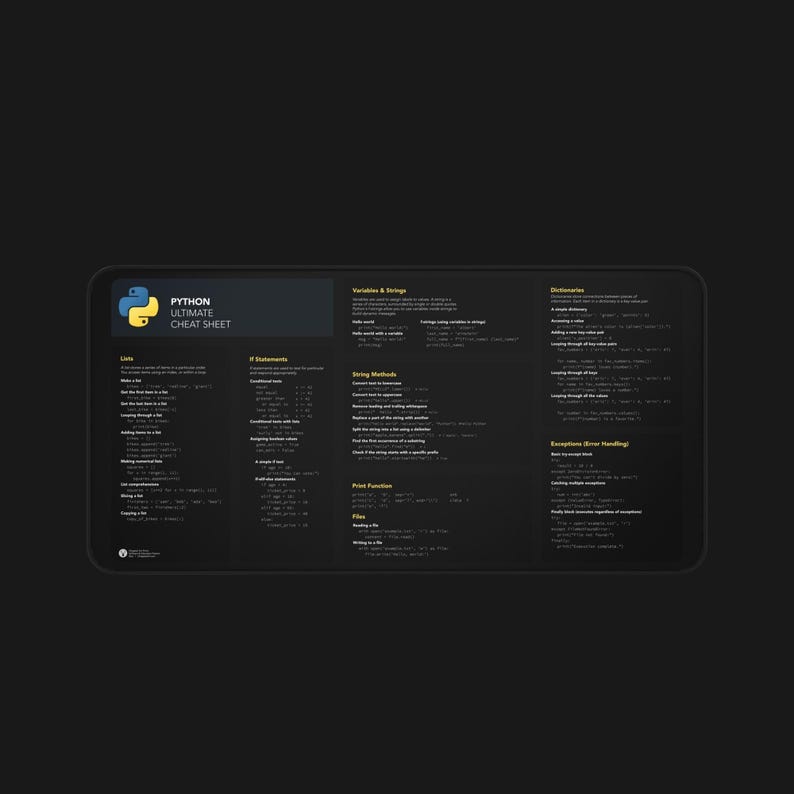 Może przedstawiać: Czarno-ż&oacute;łta ściąga zatytułowana "Python Ultimate Cheat Sheet". Ściąga zawiera przykłady kodu i wyjaśnienia r&oacute;żnych koncepcji Pythona, w tym pętle, instrukcje warunkowe, metody łańcuchowe, słowniki, obsługę plik&oacute;w i obsługę wyjątk&oacute;w.
