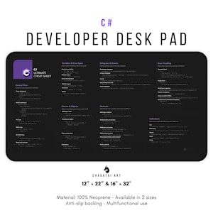May include: A black and purple C# developer desk pad with a cheat sheet of C# code. The desk pad is made of neoprene and is available in two sizes: 30.5 cm x 55.9 cm and 40.6 cm x 81.3 cm.