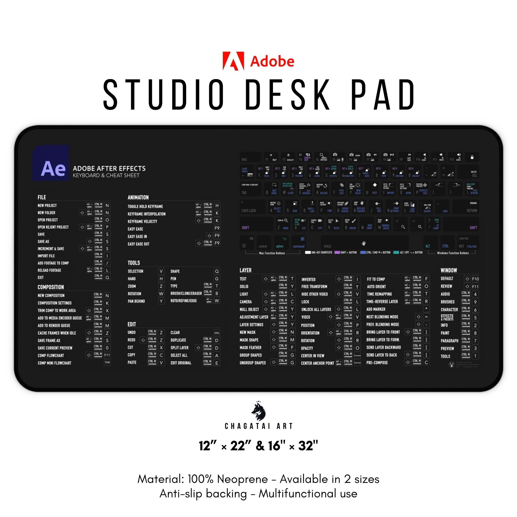 Adobe After Effects Shortcuts Mauspad – Großes Spickzettel-Mousepad 80x30 Cm Mit Tastenkombis